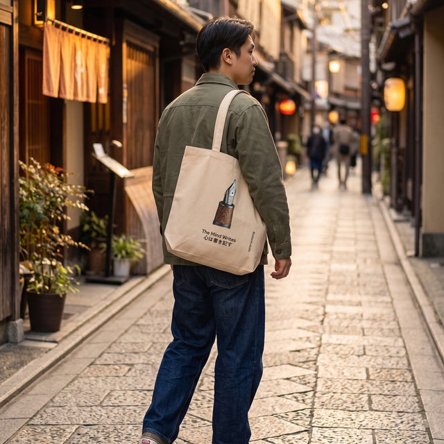 Man walking down a street in an urban setting with a beige tote bag on his shoulder.