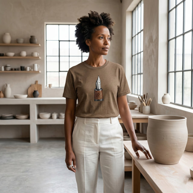 Woman wearing a brown t-shirt with a graphic design in a pottery studio