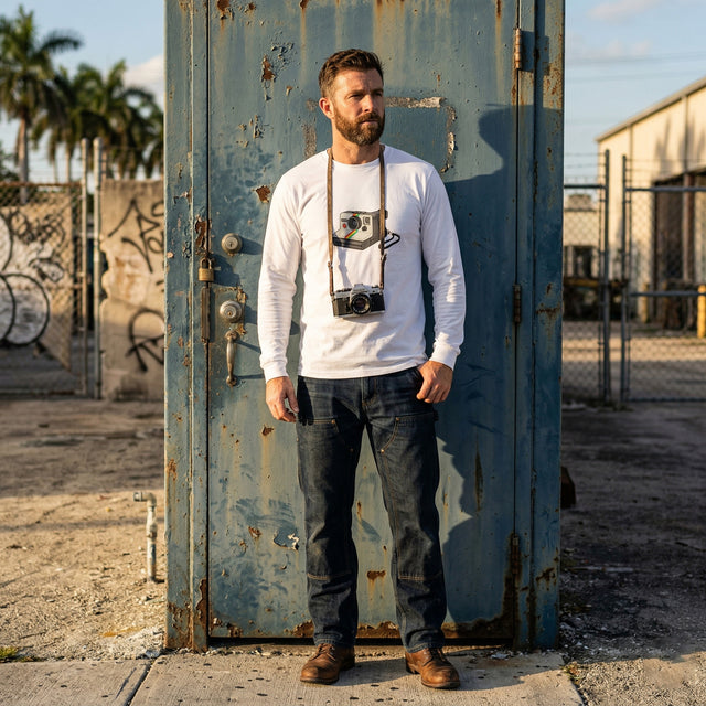 Man standing in front of a large, rusty metal door with a camera around his neck.