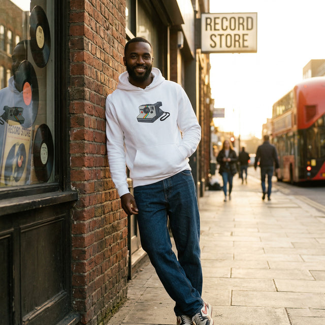 Man in a white hoodie leaning against a brick wall with a record store sign in the background.