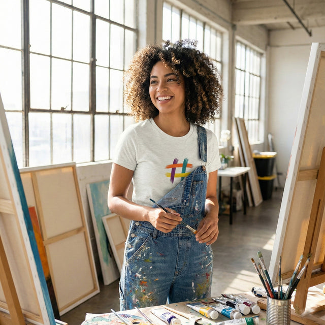 A female artist in a paint-splattered studio wears a heather white t-shirt featuring a colorful brushstroke hashtag design.