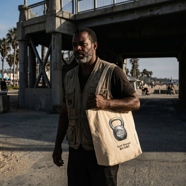 Man holding a tote bag with a kettlebell design under a bridge.