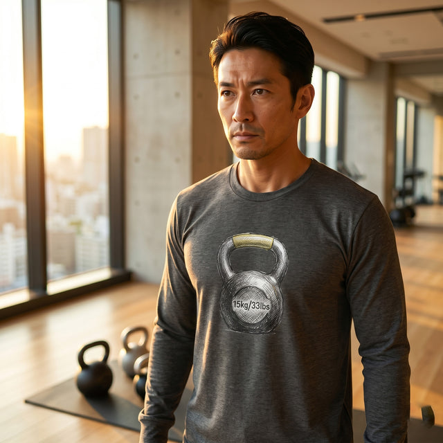 Man wearing a gray long-sleeve shirt with a kettlebell design in a gym setting
