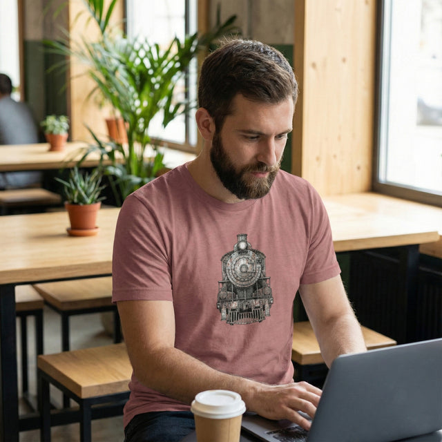 Man sitting at a table in a cafe, using a laptop and wearing a pink t-shirt with a graphic design.