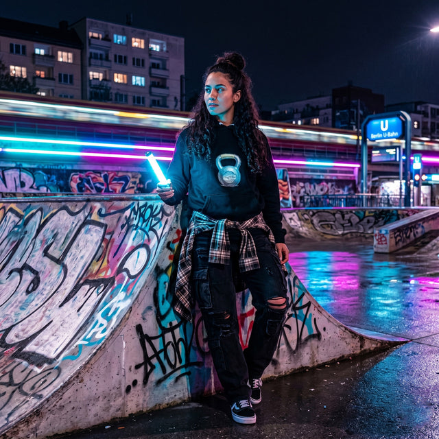 Person standing in a graffiti-covered urban area with colorful lights