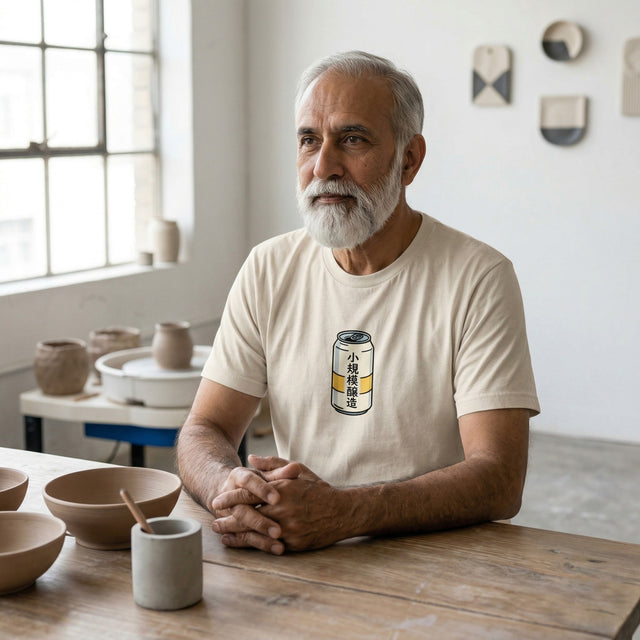 Man sitting at a table with ceramic items in a pottery studio