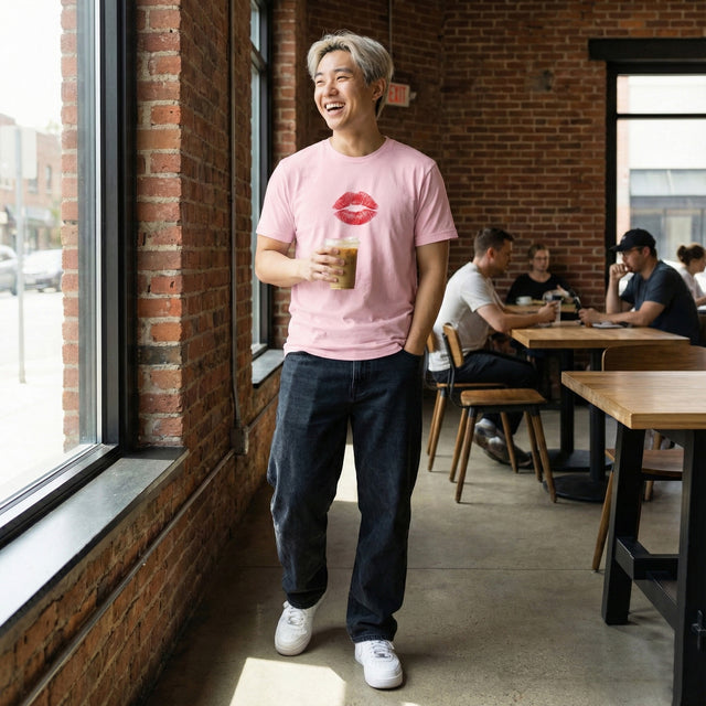 Non-binary model wearing soft pink t-shirt with red lipstick kiss mark illustration in a coffee shop setting.