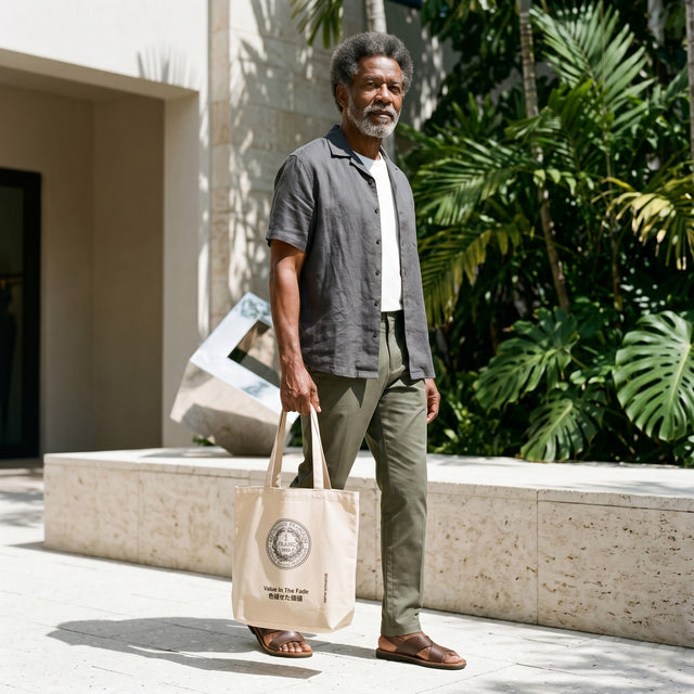 Man holding a beige tote bag outdoors with greenery in the background