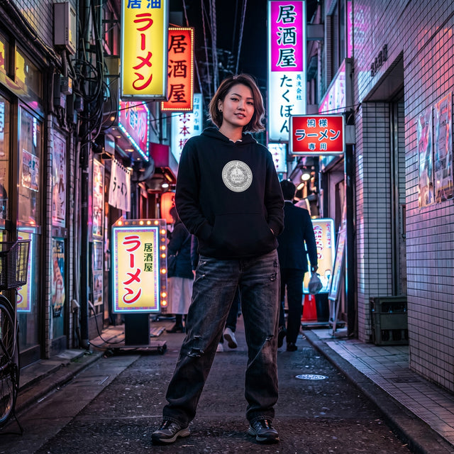 Person standing in a neon-lit alleyway with illuminated signs in a cityscape