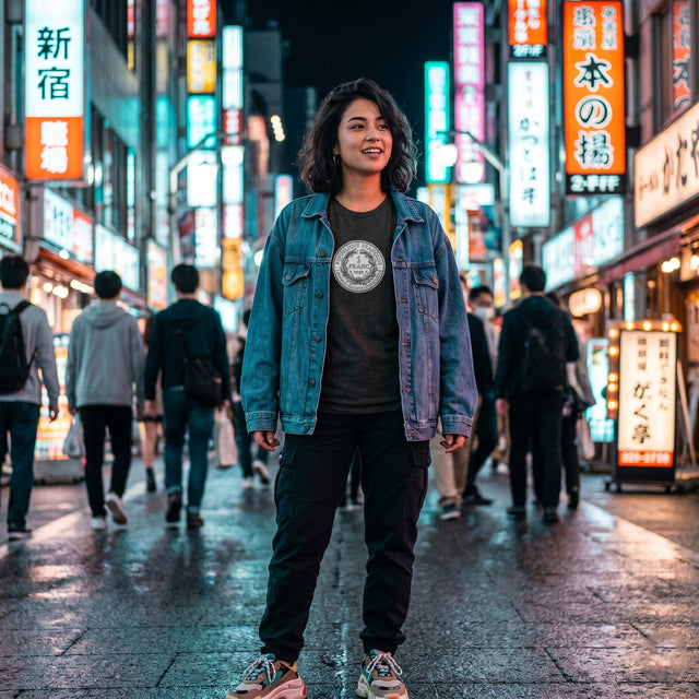 Person standing in a neon-lit street with people around