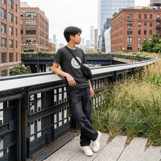 Person standing on a bridge with urban skyline in the background