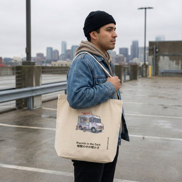 co tote bag in oyster beige featuring a watercolor taco truck illustration and 'Warmth in the Dark' text with Japanese characters, modeled by a man in a denim jacket on an urban rooftop.