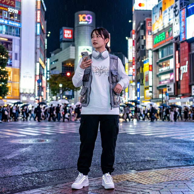 Person standing in a busy urban street at night with neon signs and pedestrians.
