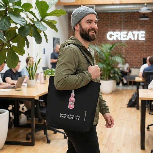 Man holding a black tote bag with a pink bottle design in an office setting