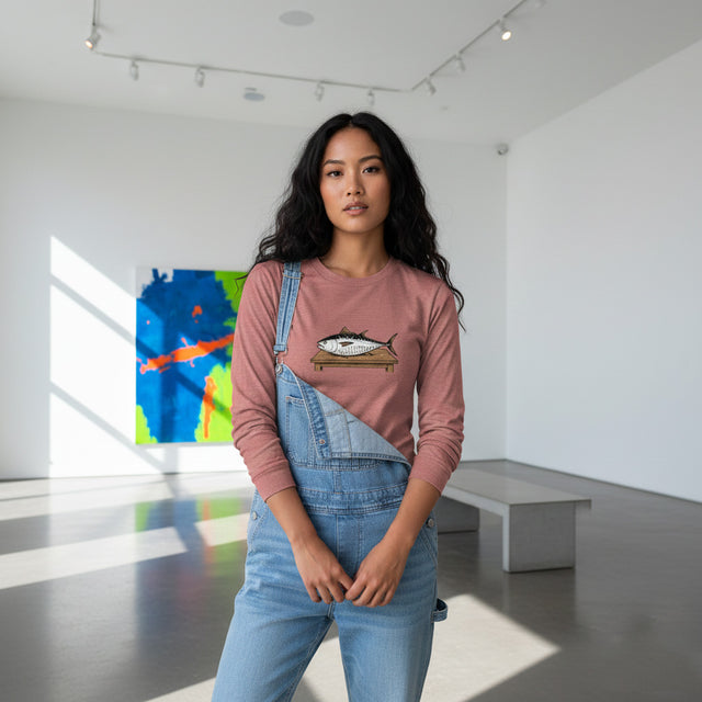 Woman in a pink shirt and blue overalls standing in an art gallery.