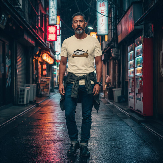 Man wearing a beige t-shirt with a graphic design in a neon-lit alleyway.