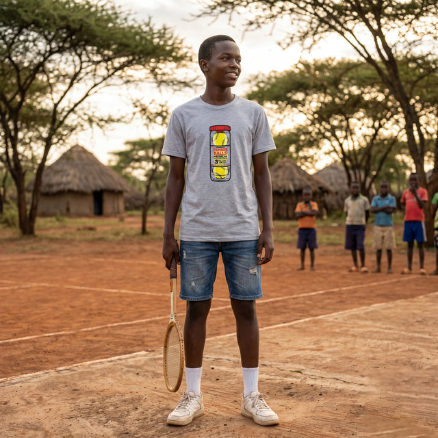 Person standing on a tennis court with huts and people in the background