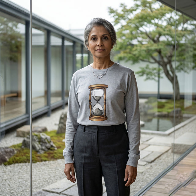 Woman wearing a sweater with an hourglass design in a modern outdoor setting
