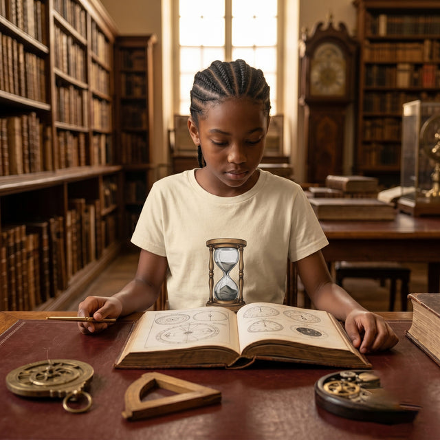 Child in a library setting with books and hourglass