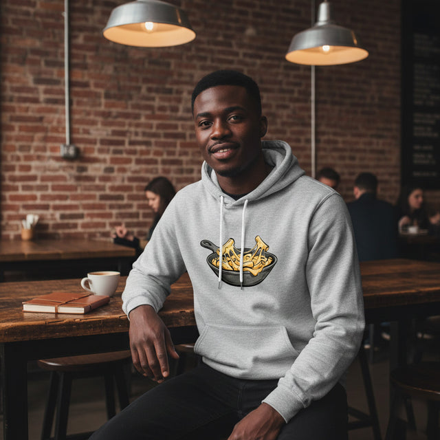 Man wearing a hoodie with a graphic design sitting at a table in a casual setting.
