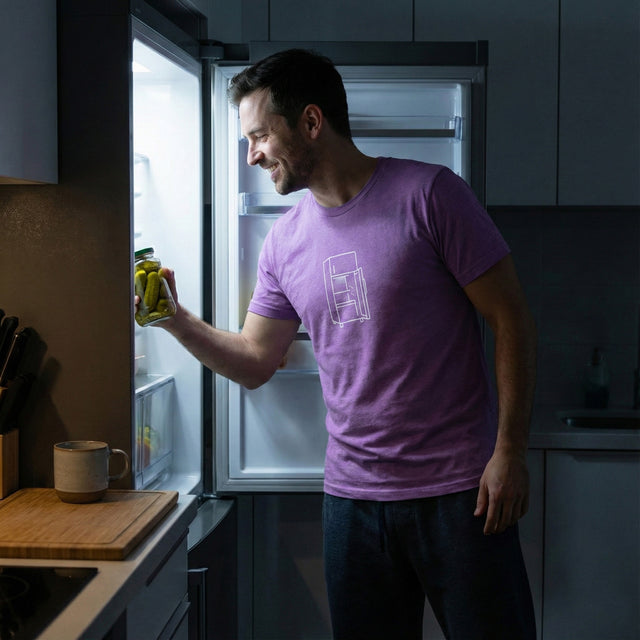 Man in a purple shirt opening a refrigerator in a kitchen.