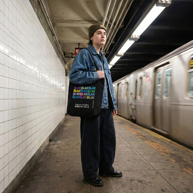 Black eco tote bag featuring colorful 'BLAH BLAH BLAH' typography grid and Japanese text 'Fade Into The Static' modeled in an urban subway station setting.