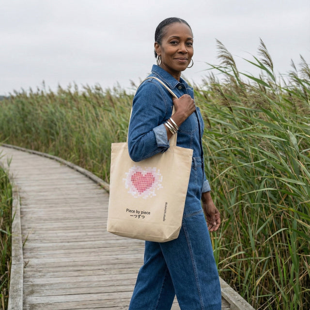 oyster eco tote bag featuring a pink pixelated heart and "Piece by piece" Japanese text carried by a stylish woman on a wooden nature boardwalk.