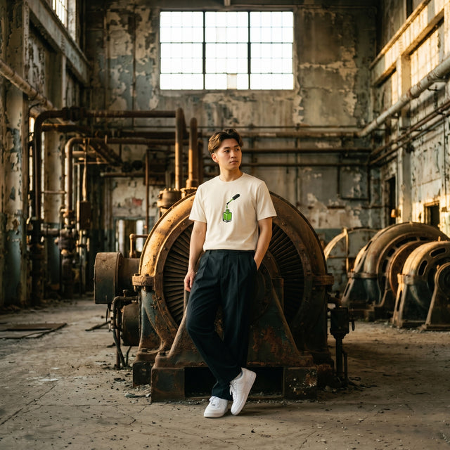 Person standing in an industrial setting with large machinery