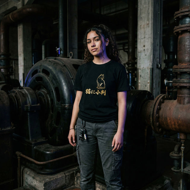 Person wearing a black t-shirt with a logo in an industrial setting