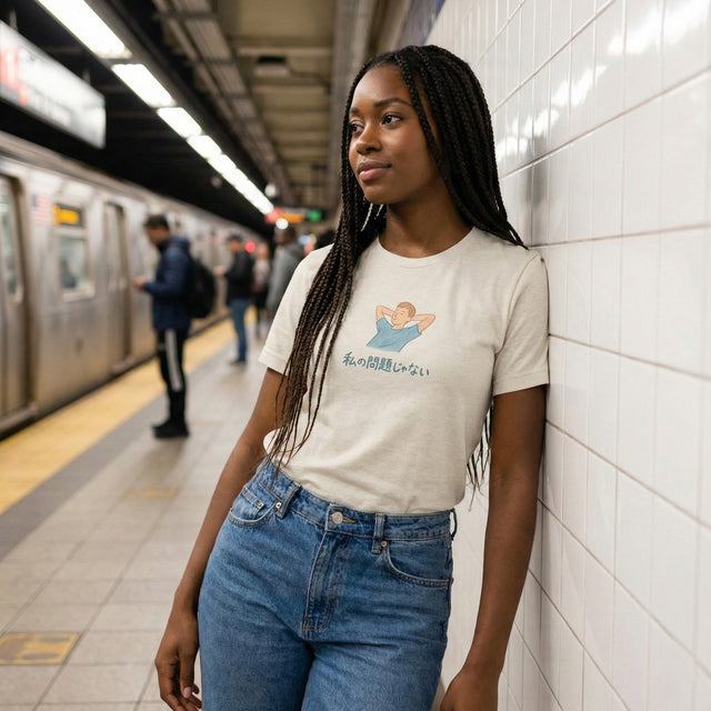 Woman leaning against a subway wall wearing a white t-shirt with a graphic design.
