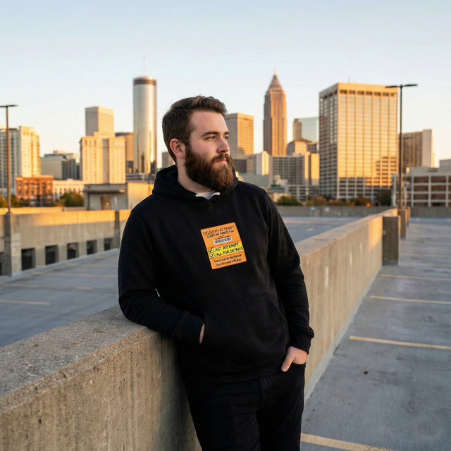 Man wearing a black hoodie with a yellow patch on a rooftop with city skyline in the background