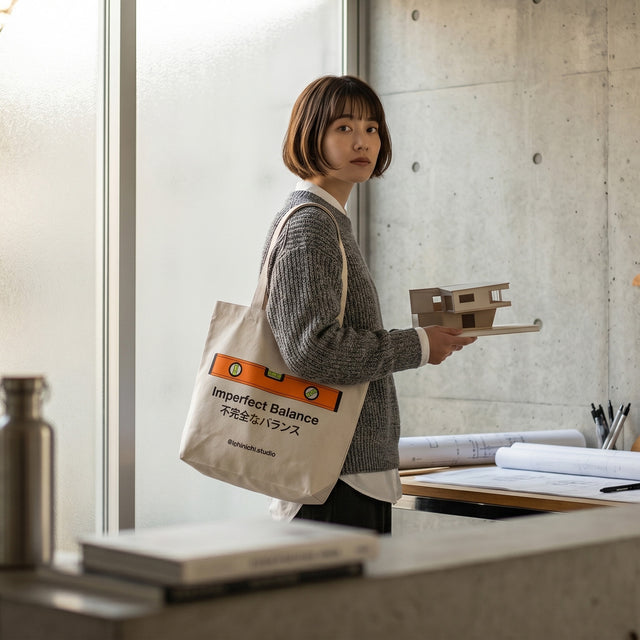 Person holding a tote bag with text in an indoor setting