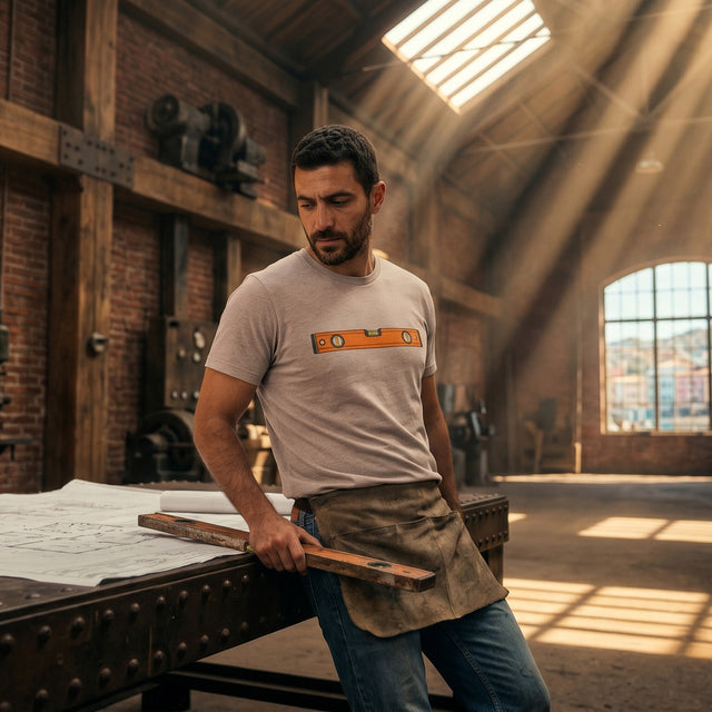 Man in a workshop wearing a t-shirt with a graphic design, holding a tool.