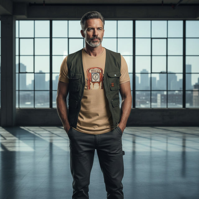 Man wearing a beige t-shirt with a graphic design and a green vest standing in a large room with large windows.