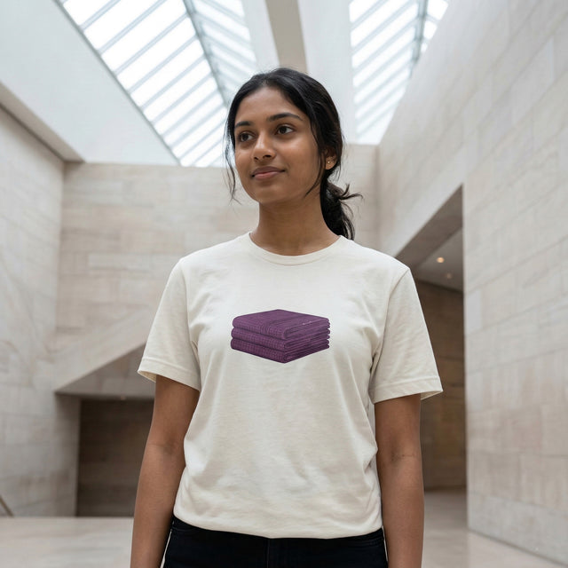Person wearing a t-shirt with a purple graphic design in a modern architectural setting