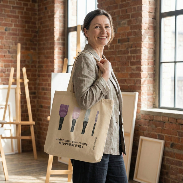 Beige eco tote bag featuring four watercolor paintbrush illustrations in purple and pink, text reading 'Paint your own reality' and Japanese kanji, held by a model in an industrial warehouse art studio."