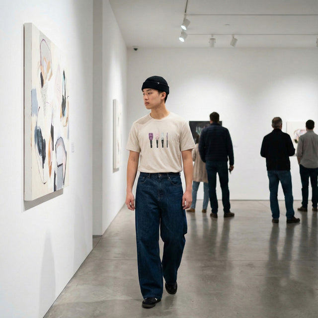 Heather dust beige t-shirt featuring four vertical watercolor paintbrush illustrations in purple and pink tones, worn by a male model in a minimalist modern art gallery.