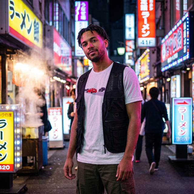 Man standing in a neon-lit street with colorful signs in an urban setting