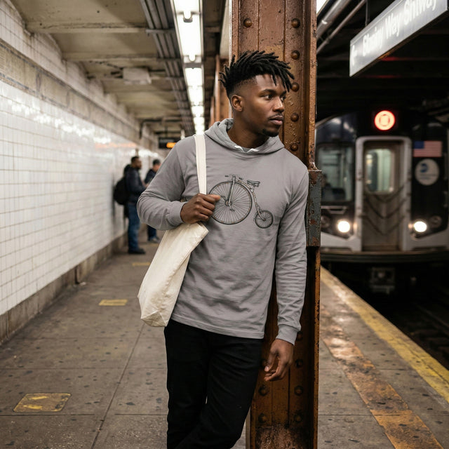 Man in a subway station holding a jacket, with a train in the background