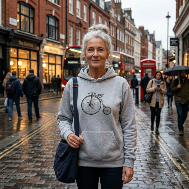 Woman wearing a gray hoodie with a bicycle design on a city street.