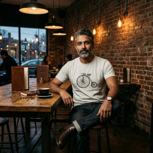 Man sitting at a table in a cozy cafe with a brick wall background