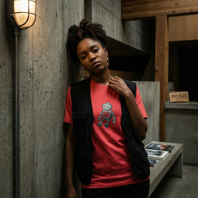 Person wearing a red t-shirt with a robot design, standing against a concrete wall.