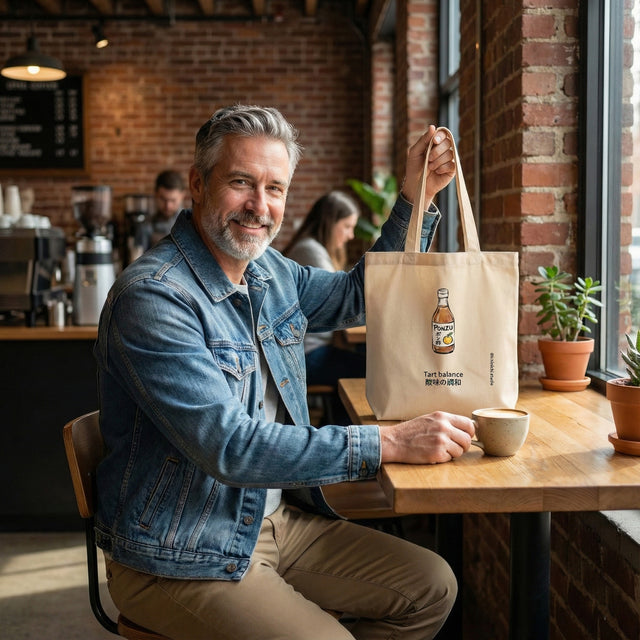 Beige eco tote bag featuring illustrated Ponzu sauce bottle with Japanese text 'Tart balance' and Ichinichi Studio branding, styled in an industrial coffee shop setting.
