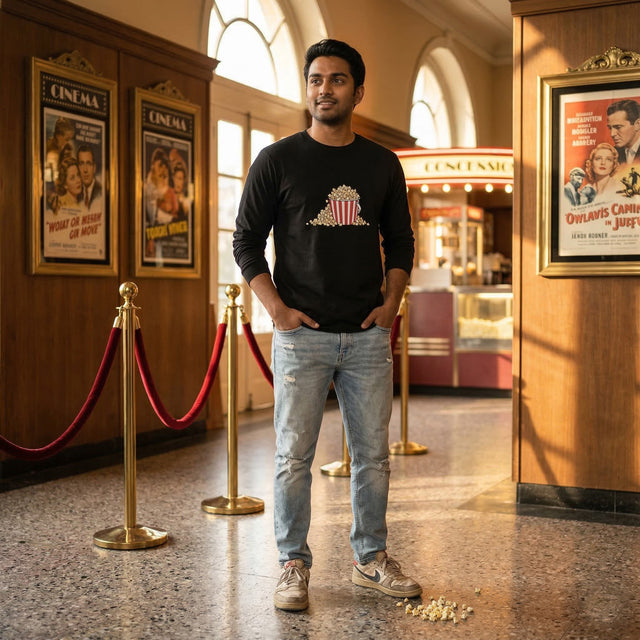 Man standing in a movie theater lobby with vintage posters on the walls.