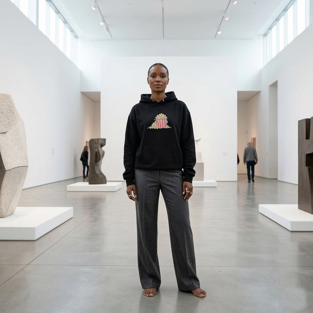 Person wearing a black hoodie with a logo in a modern art gallery