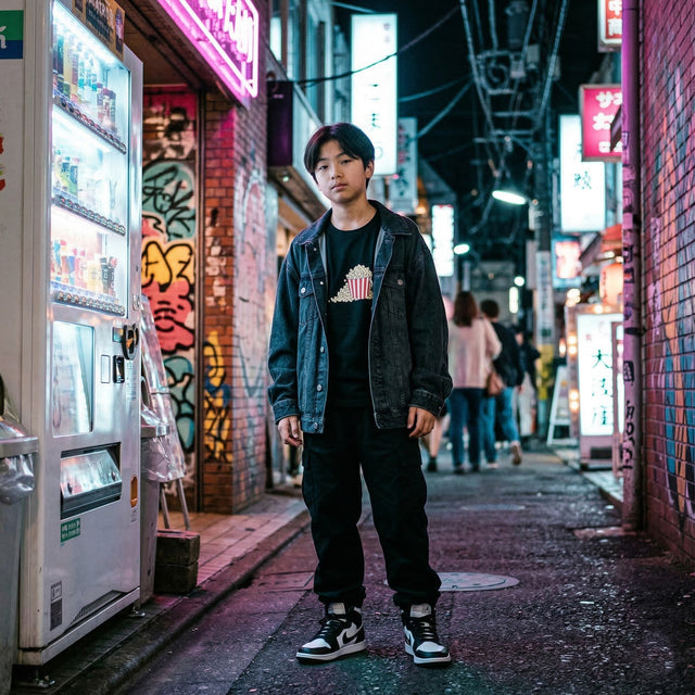 Person standing in a neon-lit alleyway with vending machines and colorful walls.