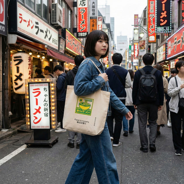 Woman walking down a busy street in an urban setting with various signs and shops.