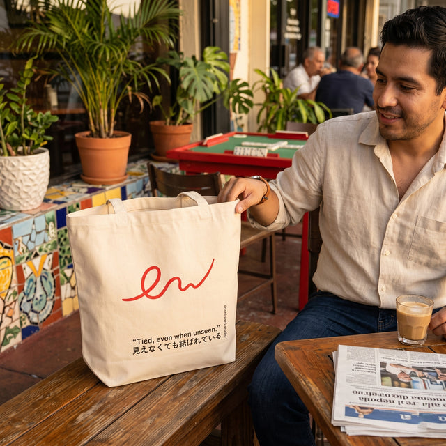 Man holding a tote bag with a logo in an outdoor cafe setting