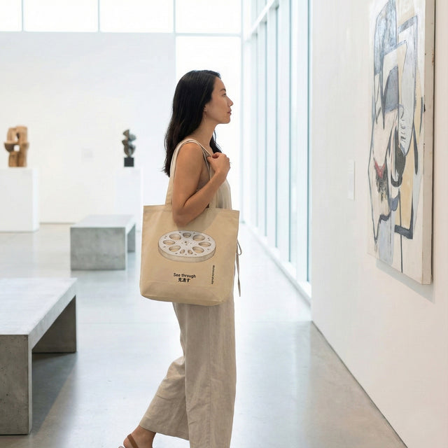 a women holding the lotus roote eco tote bag in an art gallery