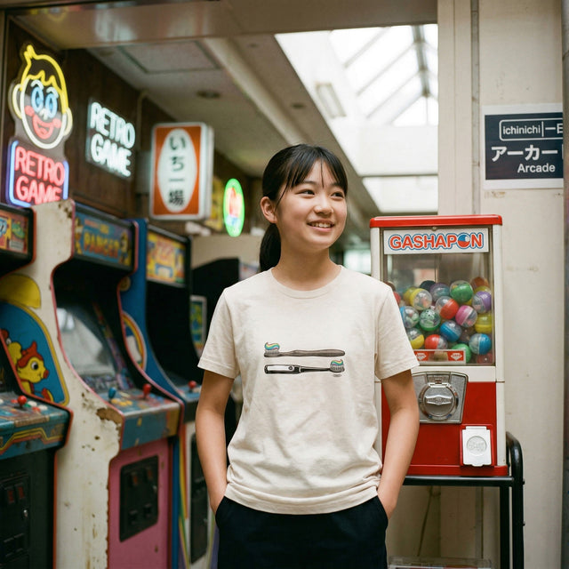 Young woman standing in an arcade with vintage games and a gashapon machine.